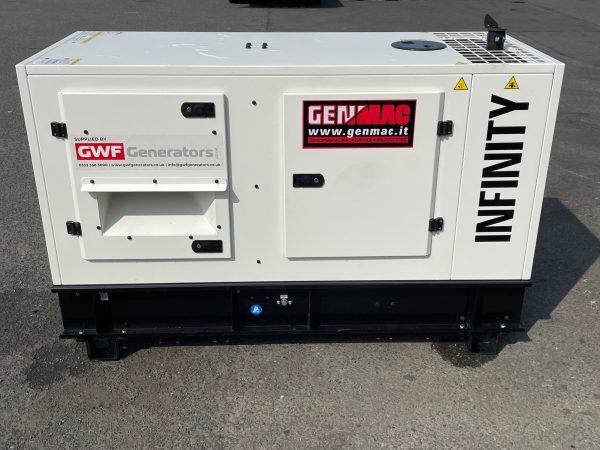 A white generator with the word INFINITY on it in black